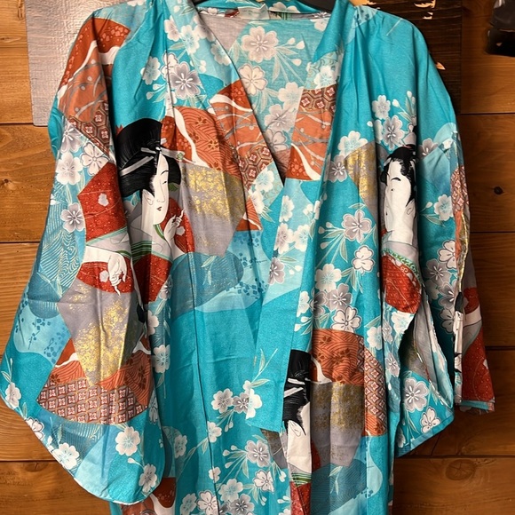 Beautiful Authentic Japanese Vintage Floral Geisha Teal Kimono Robe cotton Japan - Picture 11 of 12